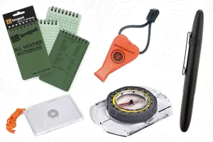 BOBB Emergency Nav & Coms Kit Header Image: Notepad, Whistle, Signal Mirror and Compass