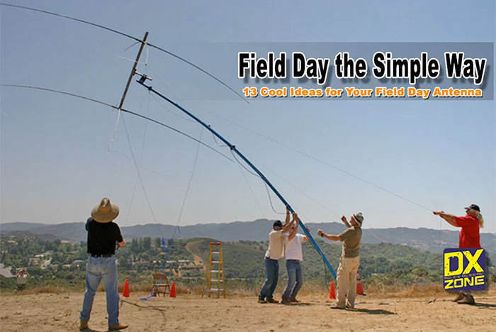Field day, a group guys setting up an HF antenna on top of a hill