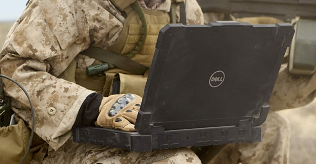 Soldier using a rugged Dell Laptop
