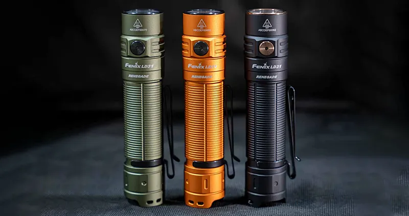 Fenix LD30 in 3 colors on a black background