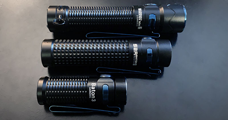 Olight Baton 3, Baton II and Baton Warrior Mini 2 side by side from the top