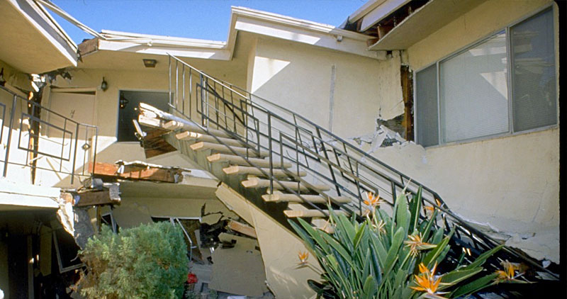 A destroyed stairway in an apartment complex in Los Angeles