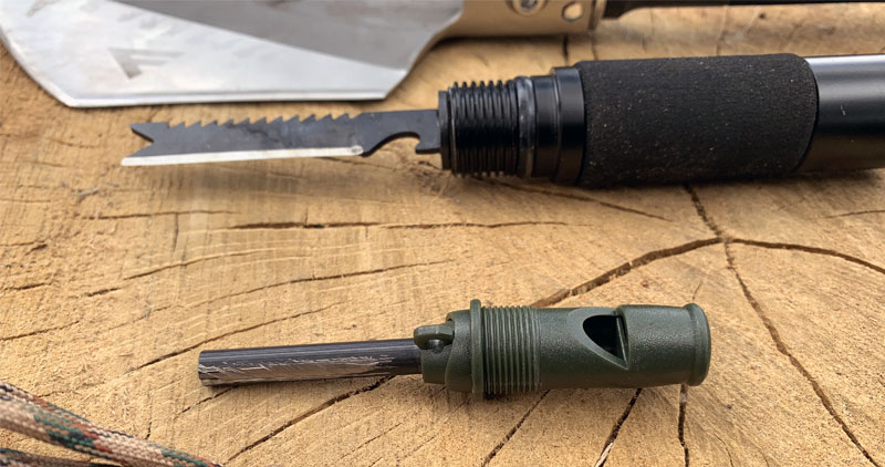 FiveJoy Military Folding Shovel Multitool focus on the knife and a whistle