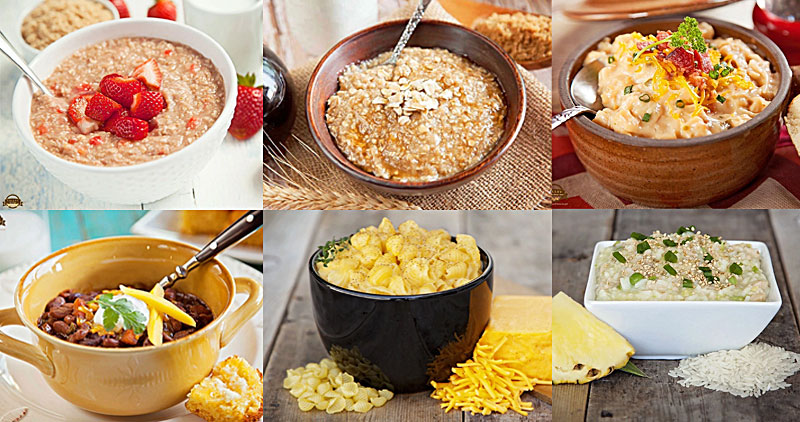 Valley Food Storage Meal Choices with photos of oatmeal, chili and macaroni