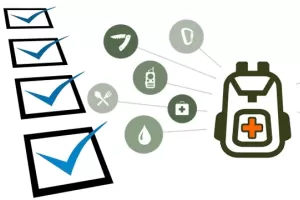 Illustration of a backpack with icons showing survival items included within, next to a checklist image