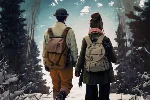 A man and a woman walking hand in hand in the forest wearing backpacks