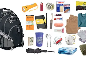 Go Bag Survival Kit with contents: clothing, water bottles, blankets, flashlights, etc