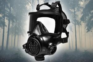 Mira Safety CM-8M floating over a background of a smoke-filled forest