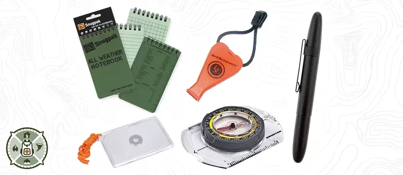 BOBB Emergency Nav & Coms Kit Header Image: Notepad, Whistle, Signal Mirror and Compass